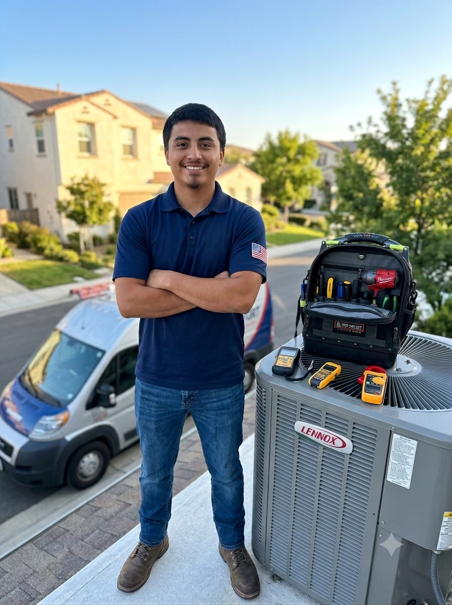 HVAC technician servicing a residential AC condenser in San Antonio